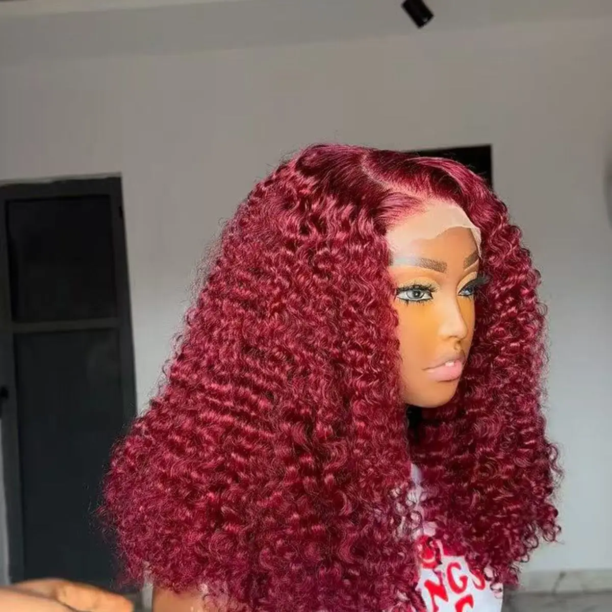 Short Bob Blunt Cut Deep Curly 99J Red Burgundy Color 13X4 HD Lace Frontal Synthetic Glueless Wig Preplucked With Baby Hair