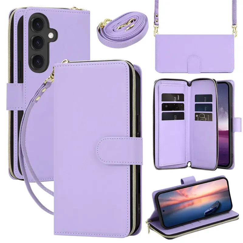 Leather Flip Phone Case with Long Lanyard and Zipper Wallet