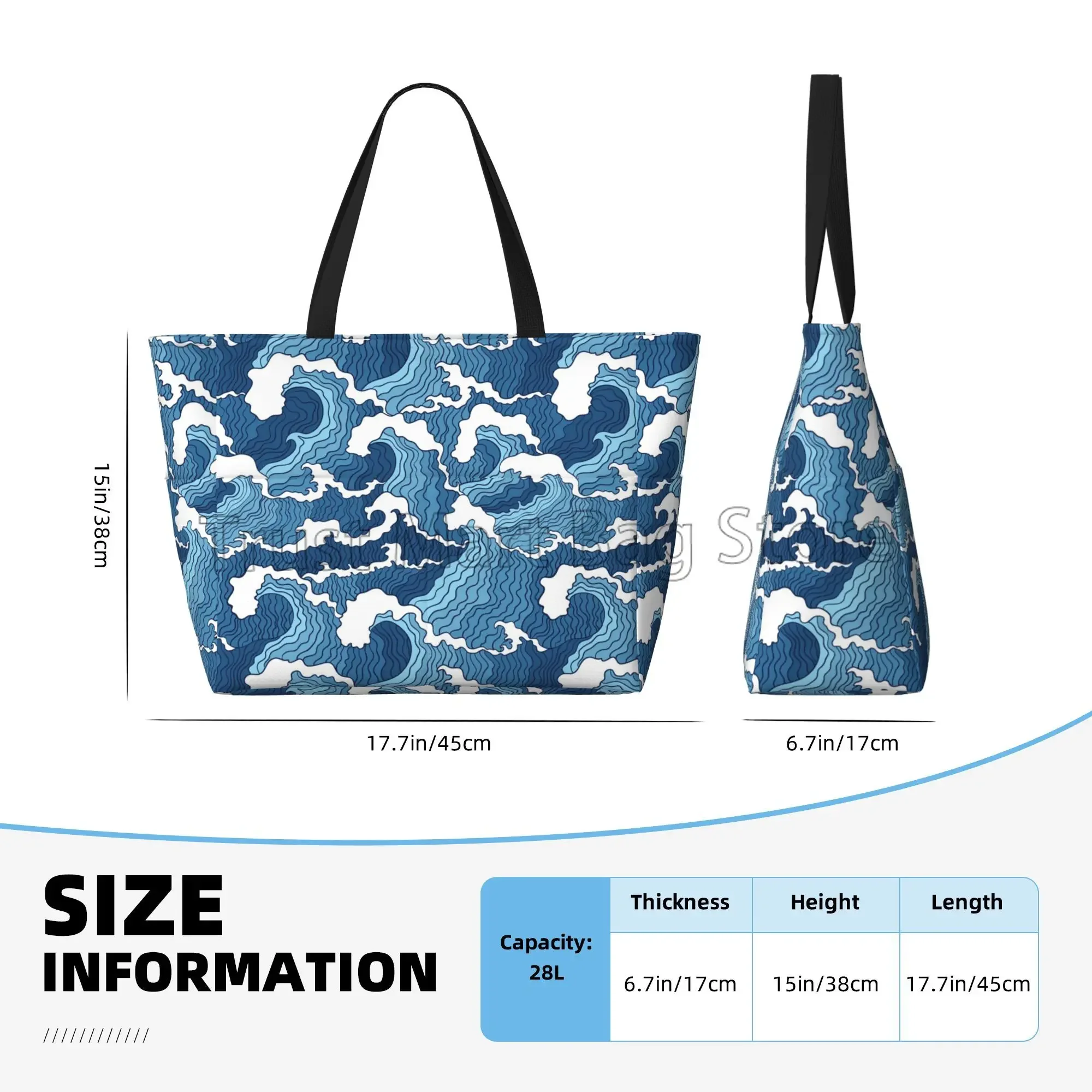 Sea Wave Beach Tote Bags for Women Waterproof Sandproof Large Pool Bag Stylish Zipper Beach Tote for Gym Travel Shopping School