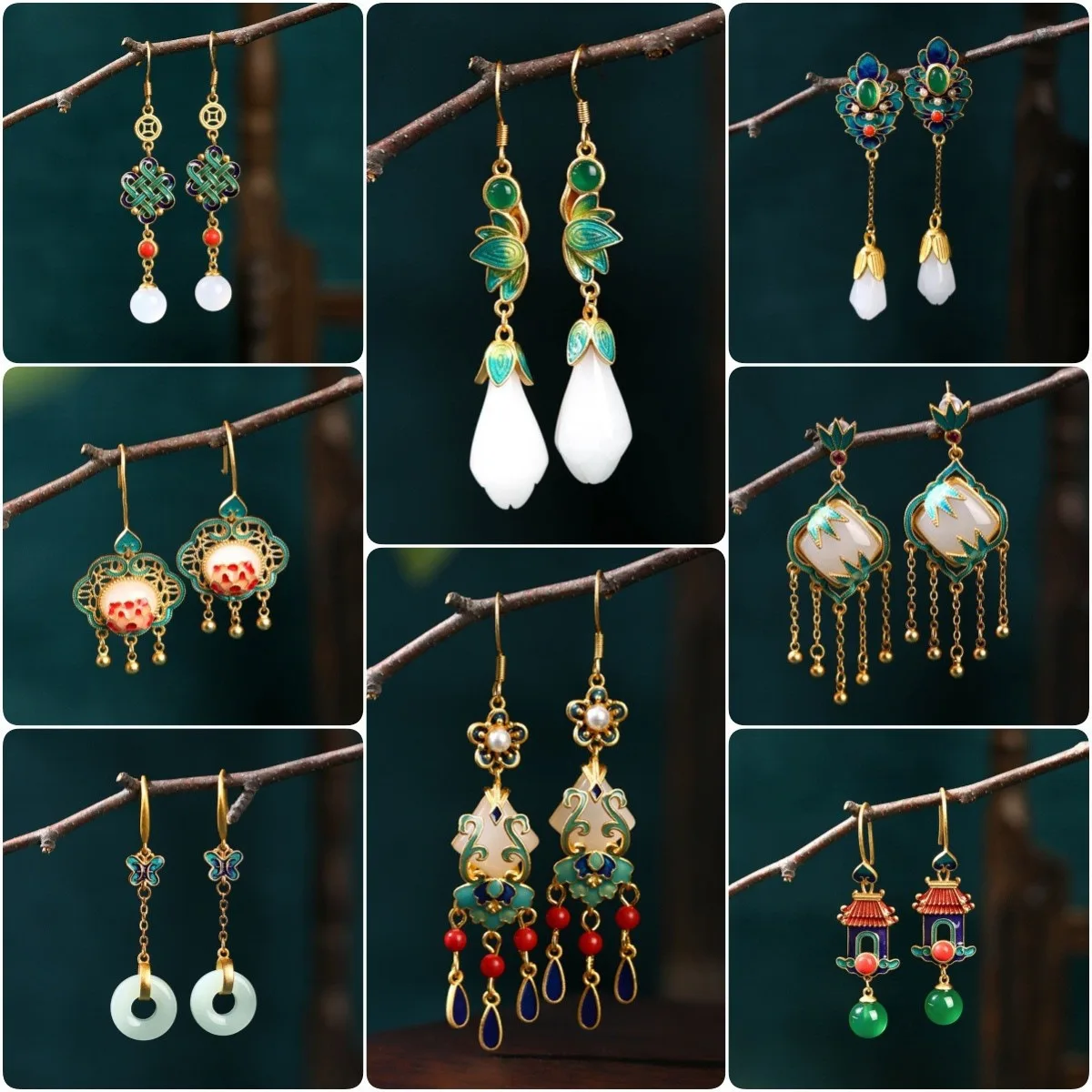 Chinese Trend Gold-plated Imitation Jade Pendant Jewelry Women's Vintage Enamel Earrings Palace Ethnic Style Accessories