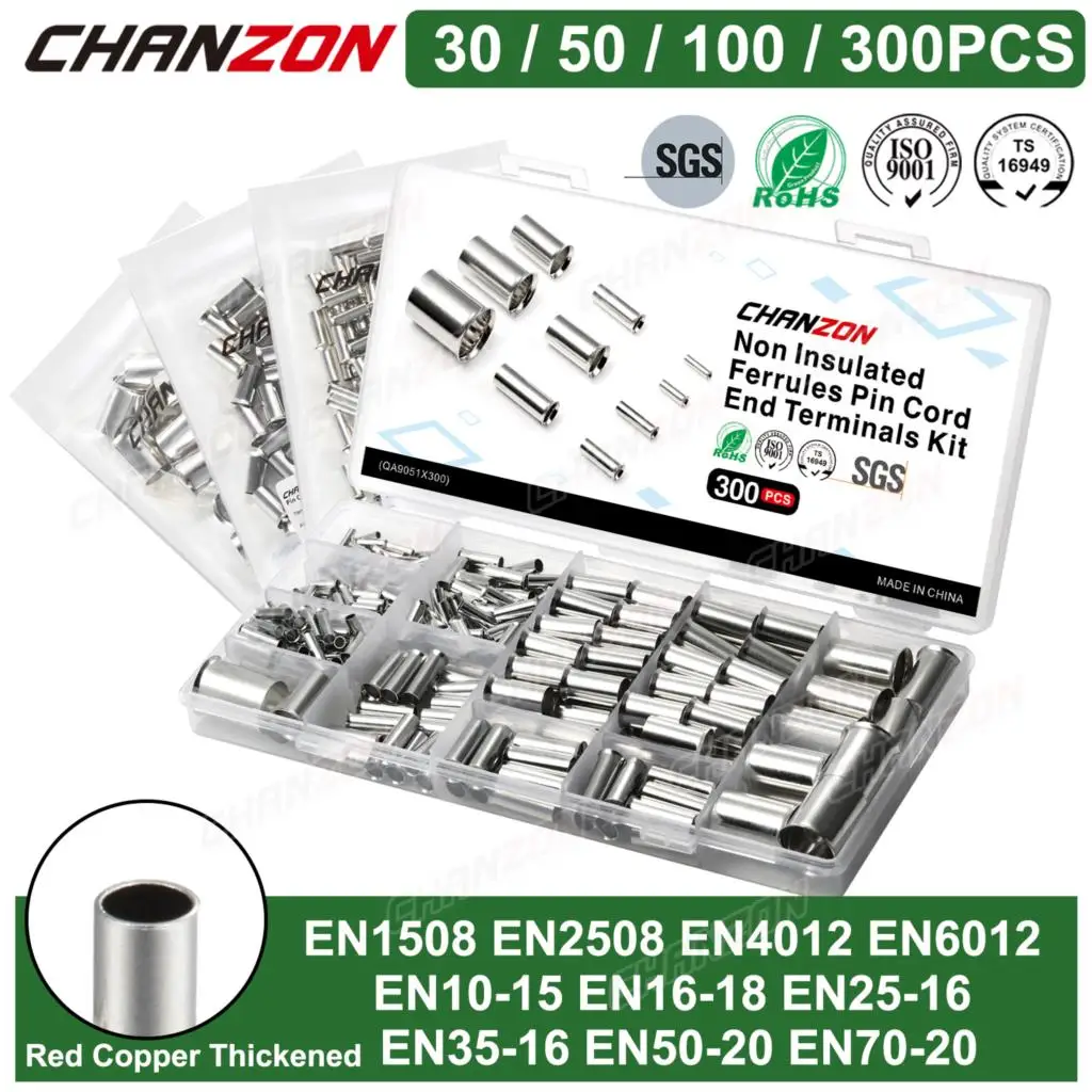10 Values Tinned Red Copper Ferrule Non Insulated Cord End Electrical Terminal Connectors Crimping Tool
