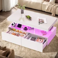 Rosahqnda Table basse, table de salon, haute brillance, LED et 2 tiroirs, adaptée au salon, blanc, MDF 1