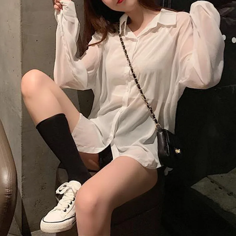 Summer New Women\'s Solid Color Polo-Neck Button Korean Version of Vacation Loose Long Sleeve Chiffon Sun Protection Shirt Tops