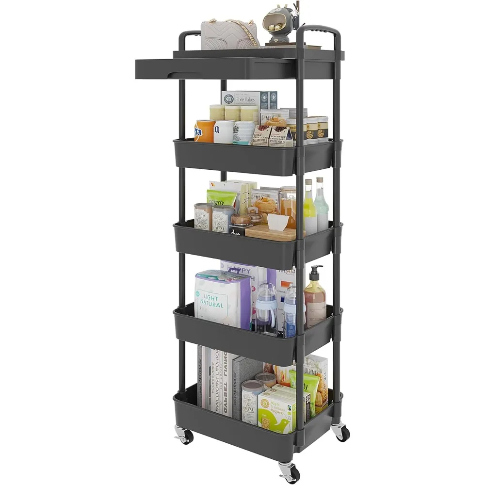 

5-Tier Rolling Utility Cart with Drawer,Multifunctional Storage Organizer with Shelf & Metal Wheels,Storage Cart for Kitchen