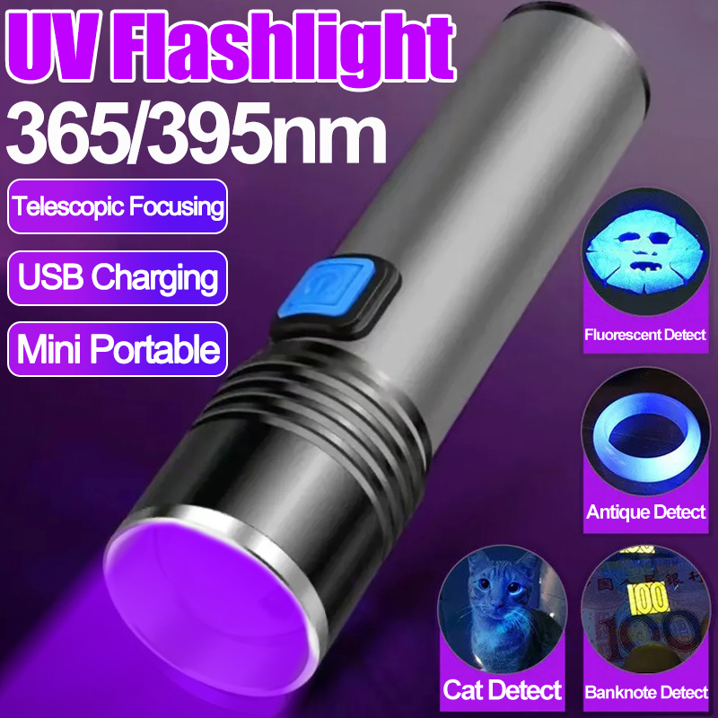 LED UV Flashlight 365/395nm Portable Mini Ultraviolet Torch Waterproof Zoomable Violet Light Pet Urine Scorpion Detector UV Lamp