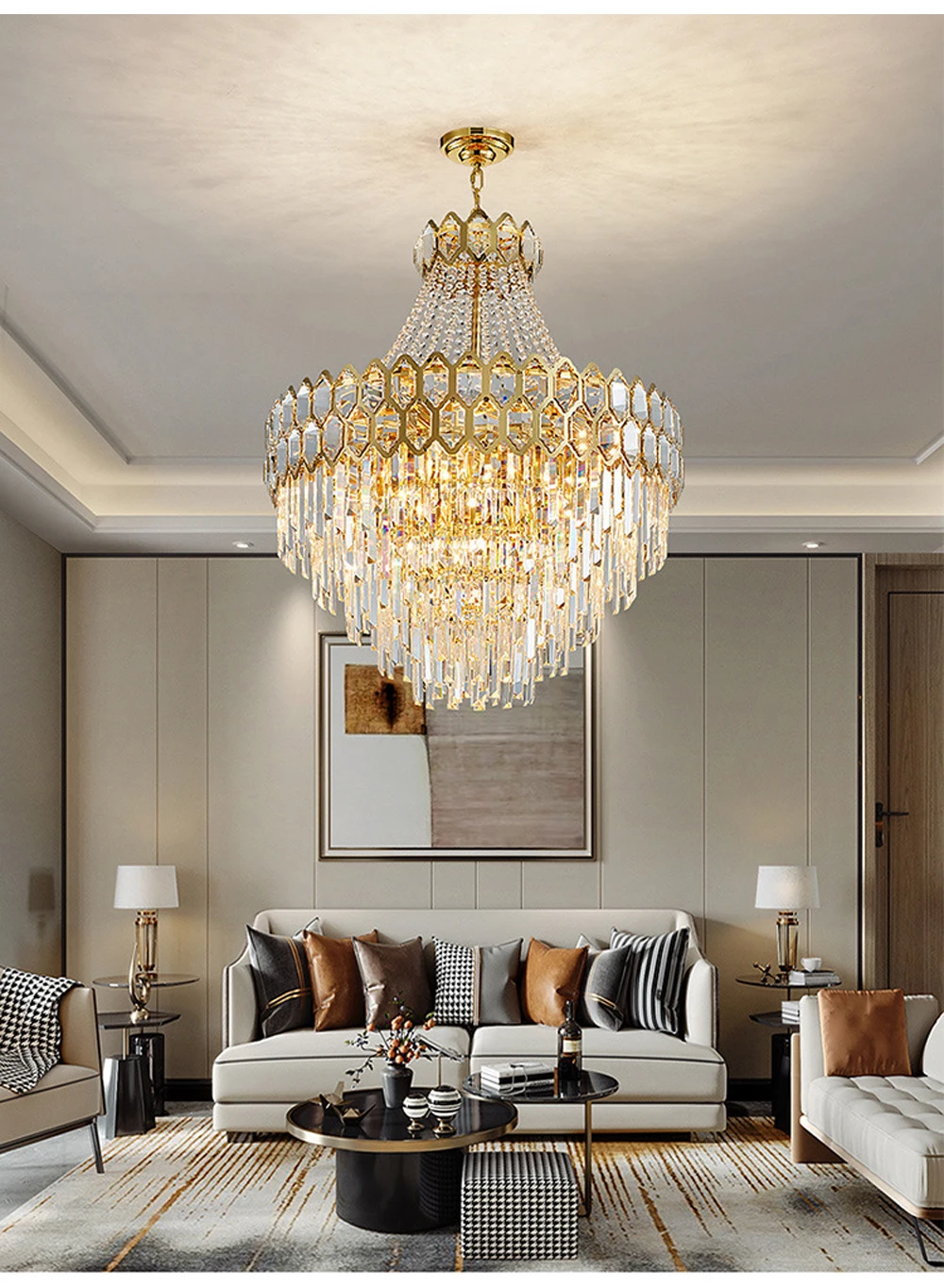 Description Picture 2 of item2024 Crystal Large Ceiling Chandelier Hotel Project Big Luxury Hanging Lamps over Foyer Dining Room