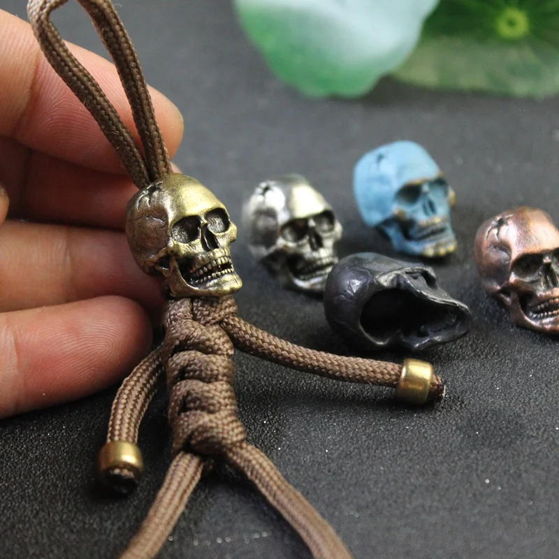 Bullet Hole Skull Skeleton Knife Bead Lanyard Pendant Brass Punk