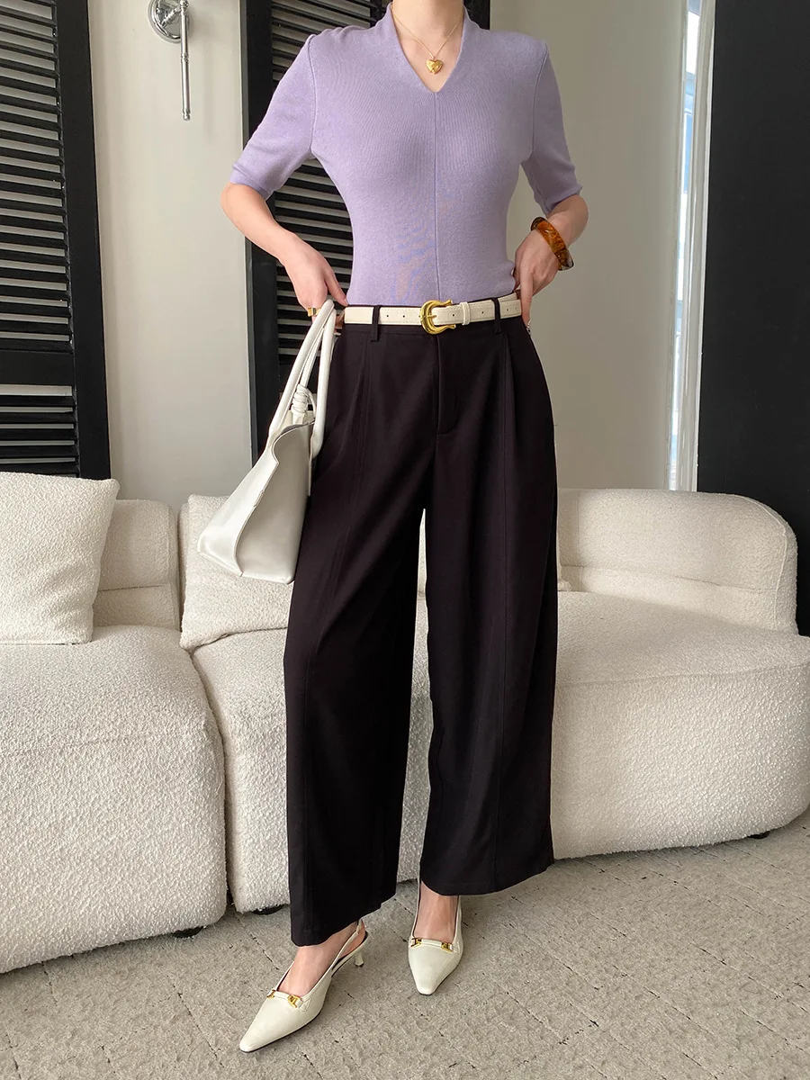 Frühlingshose für Damen, einfarbig, französischer Stil, hohe Taille, schlank machend, vielseitig, lässig, weit geschnitten – Detail 12