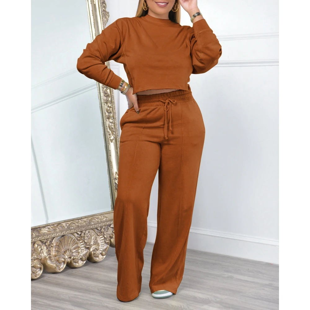 Spring Femme O Neck Long Sleeve Top & Wide Leg Pants Suit Causal Sporty 2 Set Outfit for Women Winter 2024 Workout Women Clothes