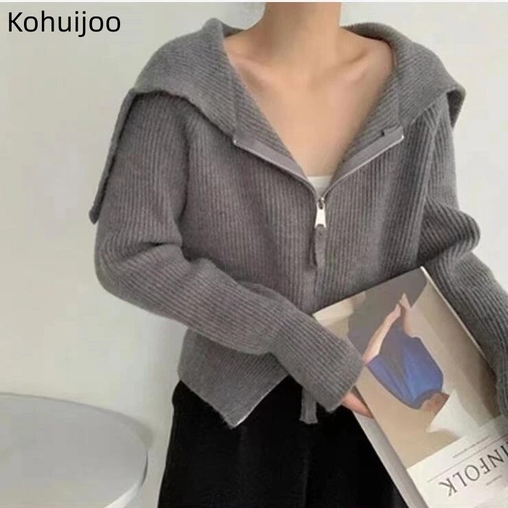 

Kohuijoo Autumn Korean Sailor Collar Sweaters Coat Long Sleeve Tops Fashion Loose Casual Zipper Short Knitted Cardigan Gray