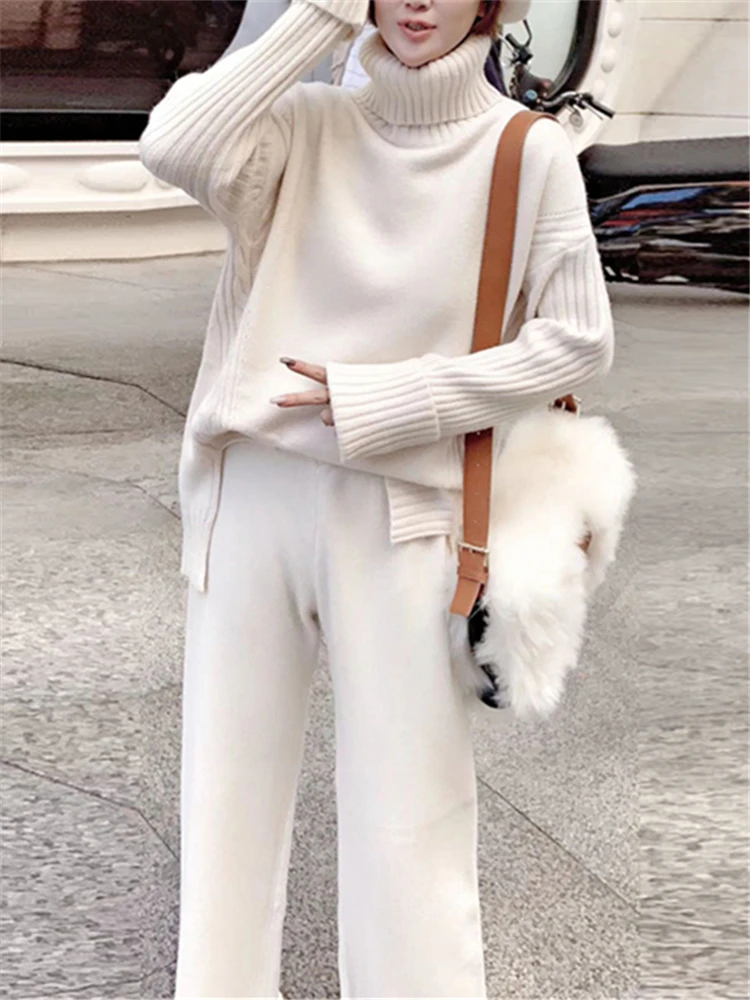 Autumn Winter 2 Pieces Women Sets Knitted Tracksuit 2023 New Turtleneck Sweater and Wide Leg Jogging Pant Pullover Suits 4