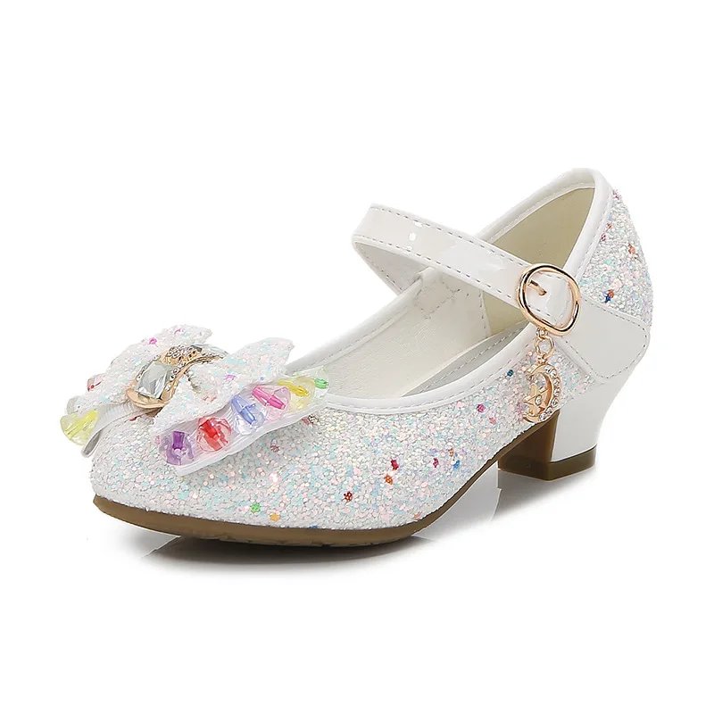 Princess Kids Leather Shoes for Girls Flower Casual Glitter Children High Heel Girls Shoes Butterfly Knot Blue Pink Silver 2