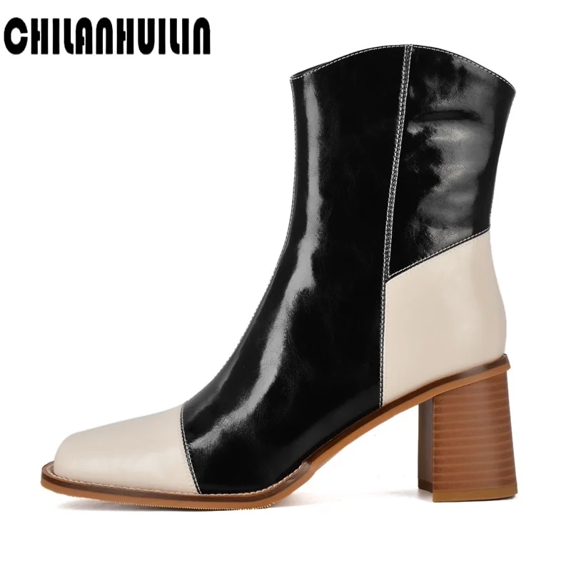 

mixed color cow leather zip ankle boots high heel ladies shoes platform boots women autumn winter thick high heels booties mujer