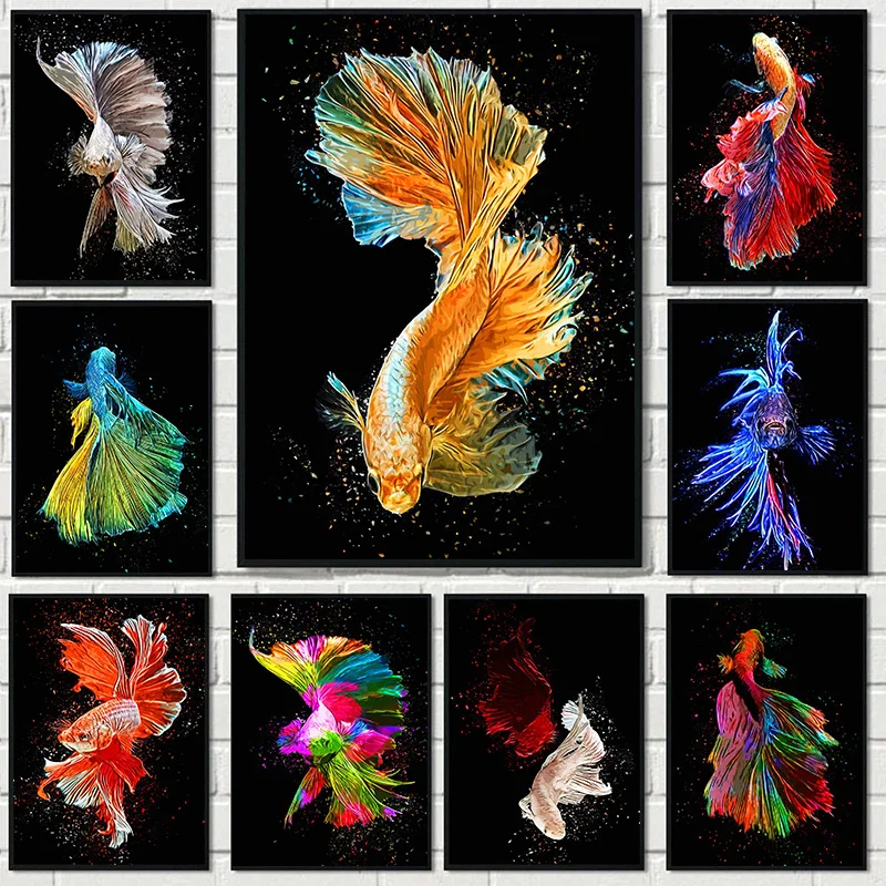 Abstract Colorful Tropical Betta Fish Rainbow Golden Fish Poster Canvas Painting Animals Wall Art Pictures Room Home Decor Gift