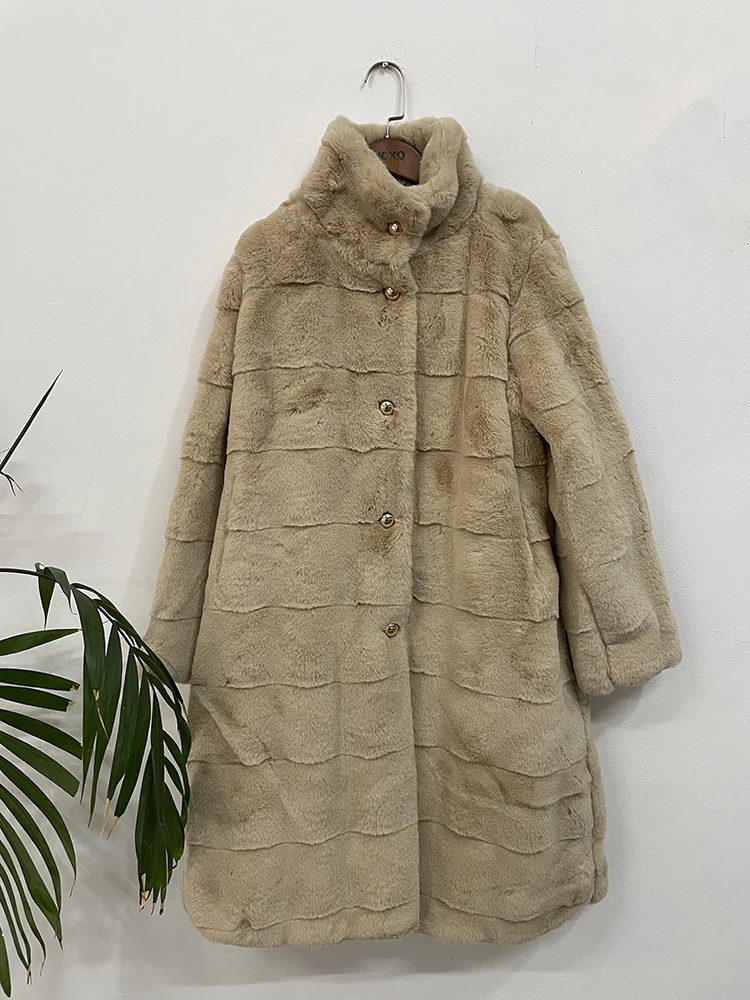 UCXQ-Mink Fur Coat Women Stand Neck High Quality Plush Thick Overcoat Casual Loose Single Breasted Mid Long Jacket Autumn 2024