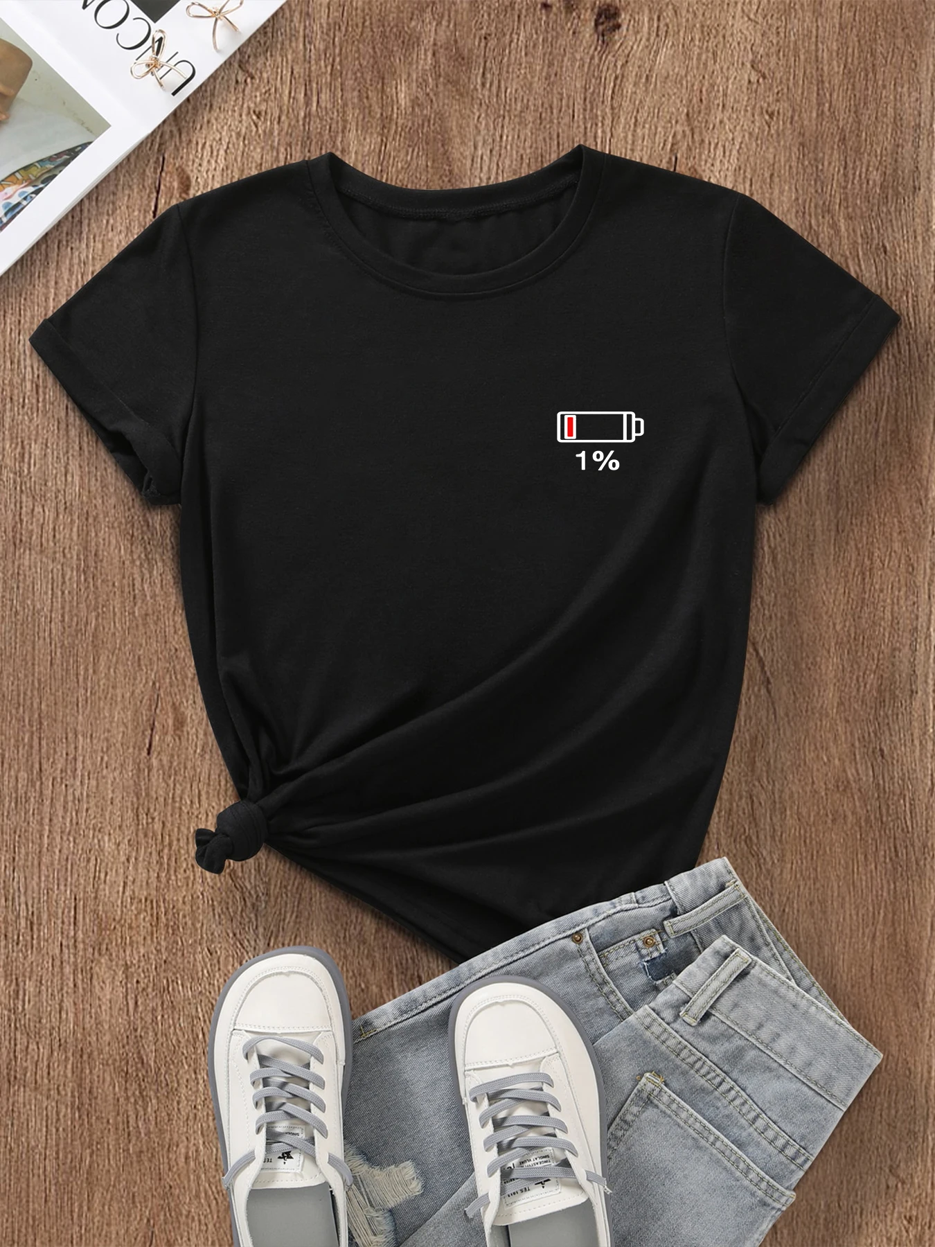 

Phone Battery Low Battery 【print chest】 T-Shirt Cotton retro Street fashion Woman Casual pullover Short Sleeve Tee