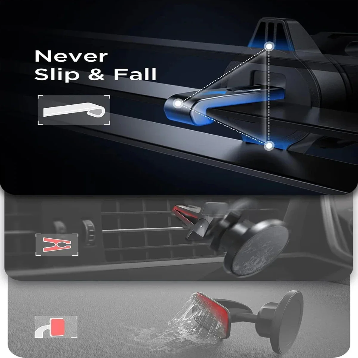 Premium Magnetic Car Phone Holder with Metal Hook - Single-Hand Operation