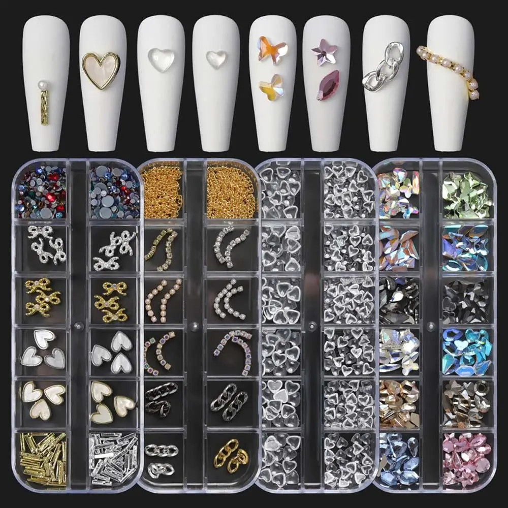 12Grids Aurora Mixed Love Heart Japanese Nail Jewelry Flat Bottom 3D Pearl Nail Drills Bow Nail Rhinestones Manicure Accessories