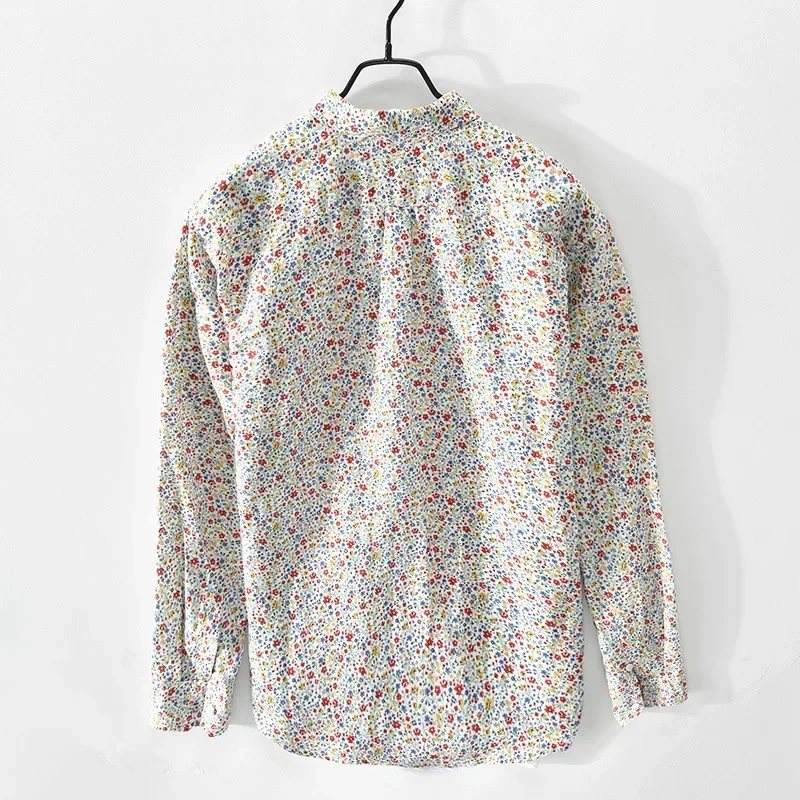 New Spring Autumn Men's Cotton Linen Print Floral Shirts Long Sleeve Slim Fit Casual for Men Turn-down Collar Tops Clothes