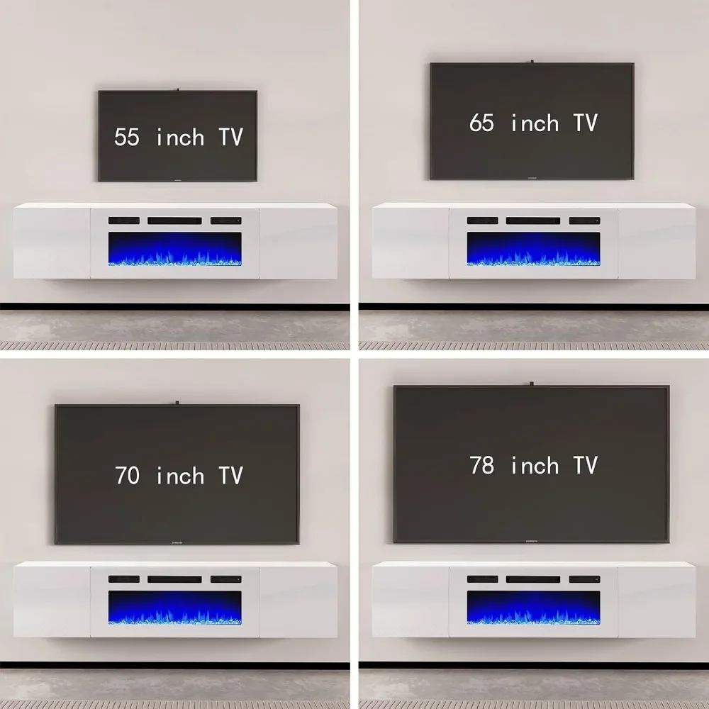 Floating TV Stand with 36 Electric Fireplace, High Gloss Finish Wall Mounted Fireplace Entertainment Center with Storage for TVs 6