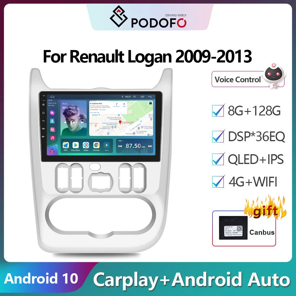 

Podofo Android 10 DSP Car Radio Multimidia Video Player Navigation GPS For Renault Logan 2009-2013 2din 4G WIFI Carplay Radio
