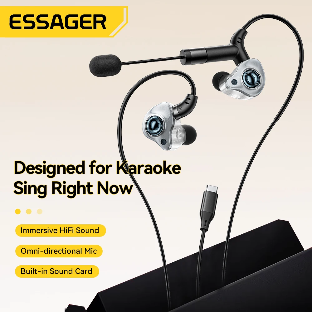 Essager Type-C Karaoke Earphones With Built-in Sound Card HiFi Stereo Music Wired Earbud Headset With Mic for Singing/Live/Game
