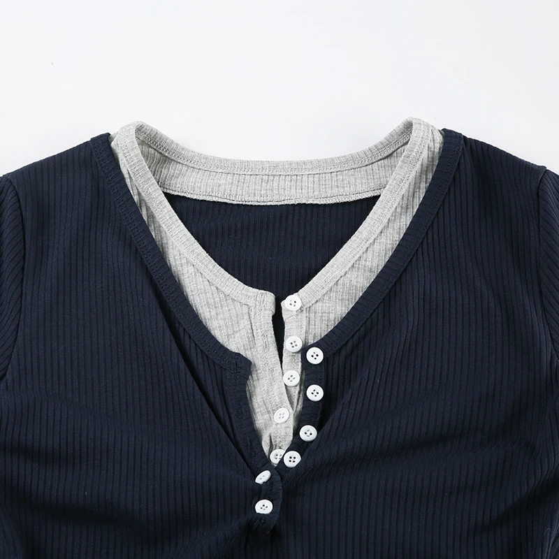 American Retro Preppy Patchwork Ribbed T Shirt Women Korean Minimalism Style Button Up Slim Long Sleeve Basic Knit Pullover Tops