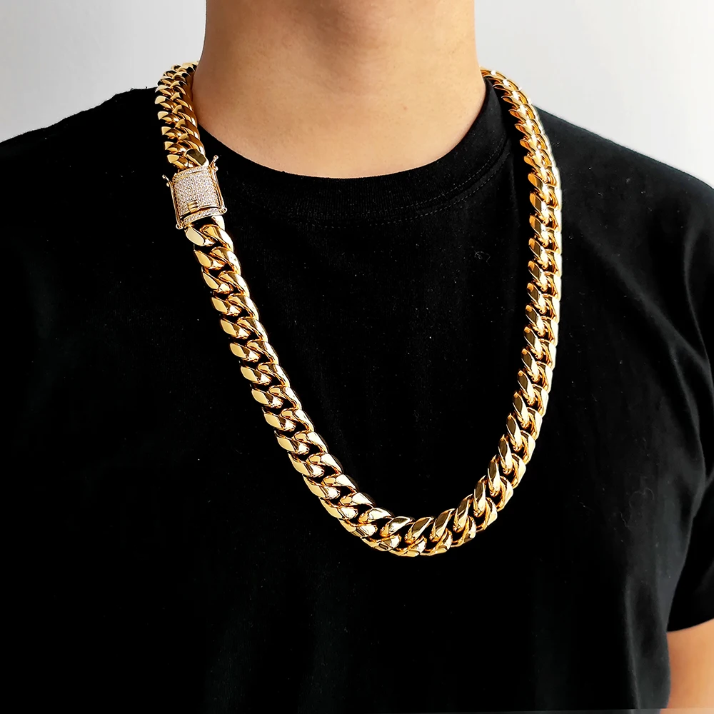 6/8/10/12/14/16MM High Quality Stainless Steel Miami Cuban Link Chain Hip Hop 18K Gold Plated Cuban Chain Necklace For Men