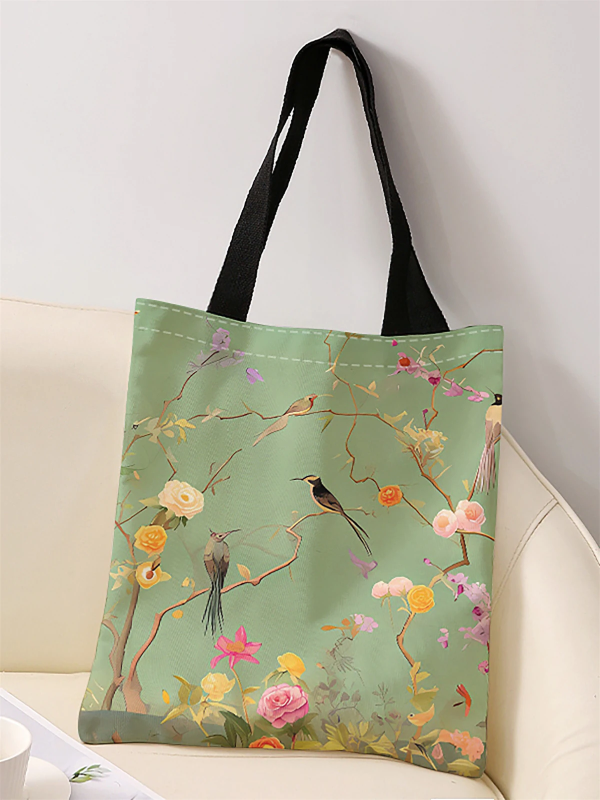 Flower and bird pattern printed casual handbag, reusable fashionable backpack, multifunctional handbag, canvas shopping bag