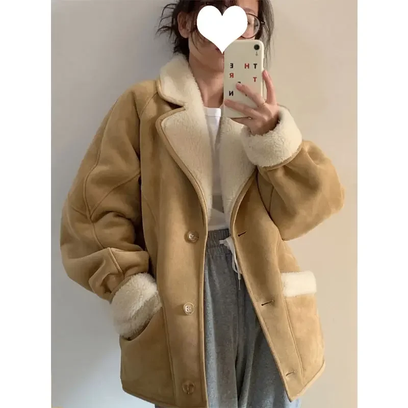 

Light brown lamb hair coat jacket women Korean autumn and winter vintage style deerskin thickened cotton padded jacket women