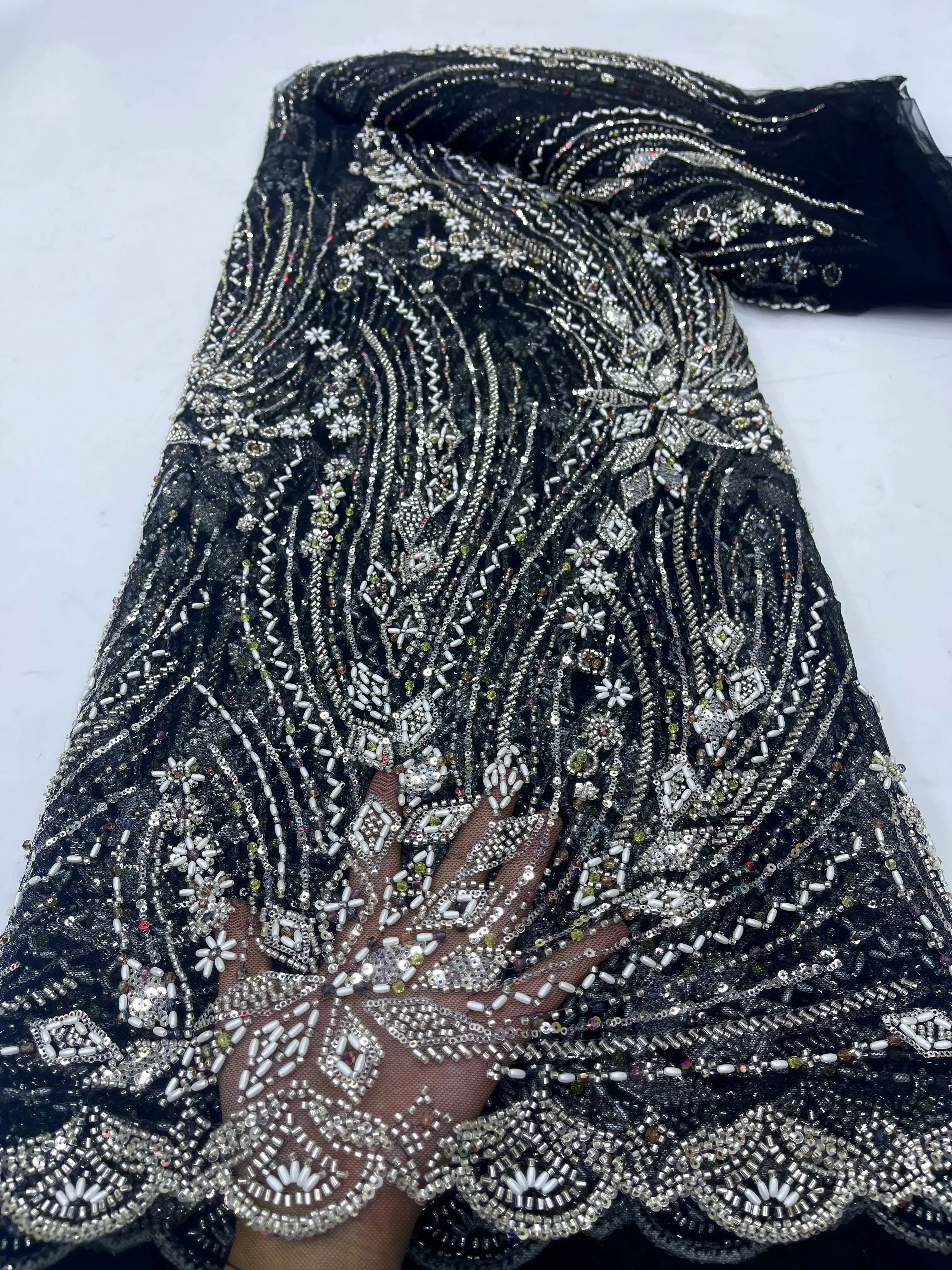 

2024 Black Beaded Lace Embroidered Fabric Lace Sequence Lace Fabric High Quality Dubai Embroidery Fabric for Sewing