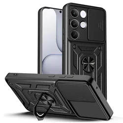 Magnetic Ring Stand Slide Lens Cover Shockproof Armor Phone Case for Realme C85 (Black)