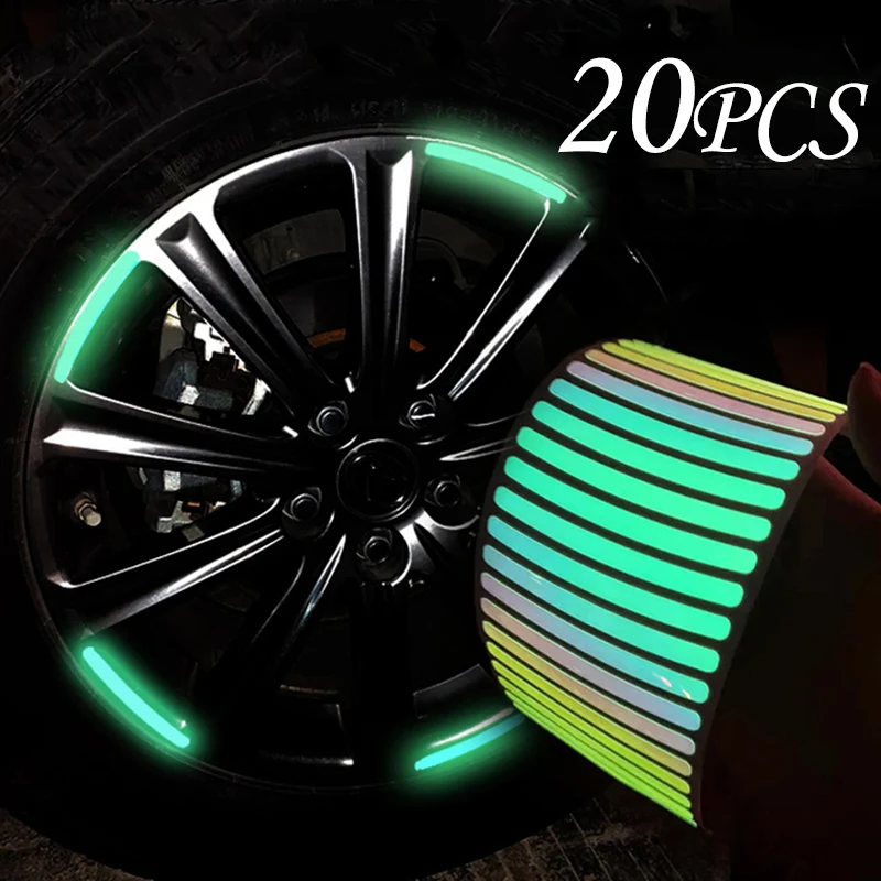 20Pcs Colorful Laser Reflective Strips Car Bike Motorcycle Wheel Hub Sticker Decal Night Driving Safety Luminous Decal Stickers