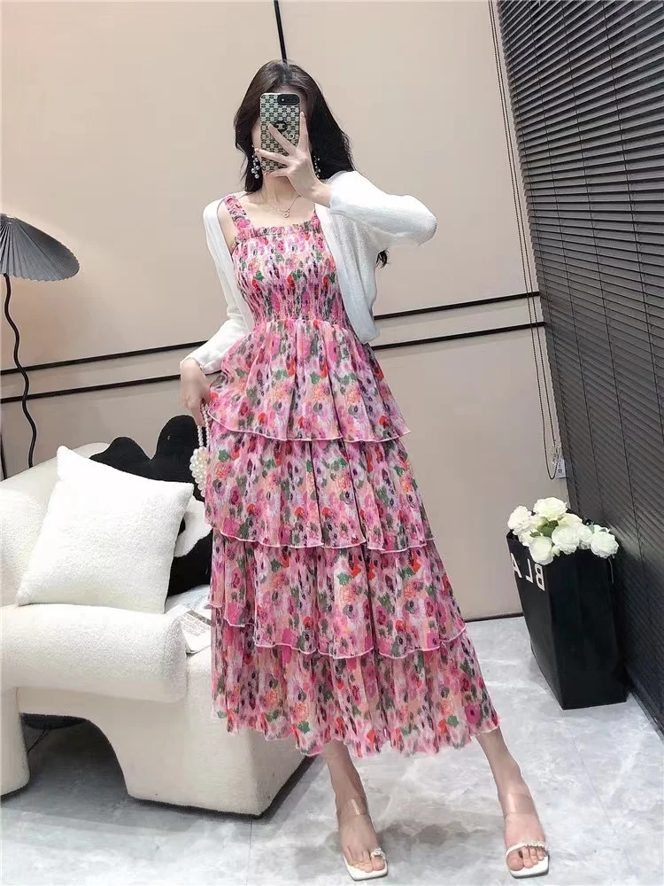 

2023 Summer Pregnancy Holiday Dress Stretched High Waist Sleeveless Maternity Floral Dress Ruffles Patchwork Women Cake Dresses