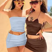 Tawnie 2022 Summer Y2K Skirt Set Women Casual Backless Strapless Crop Tops Mini Skirt Two Piec Set Beach Outfits Co-Ord Sets