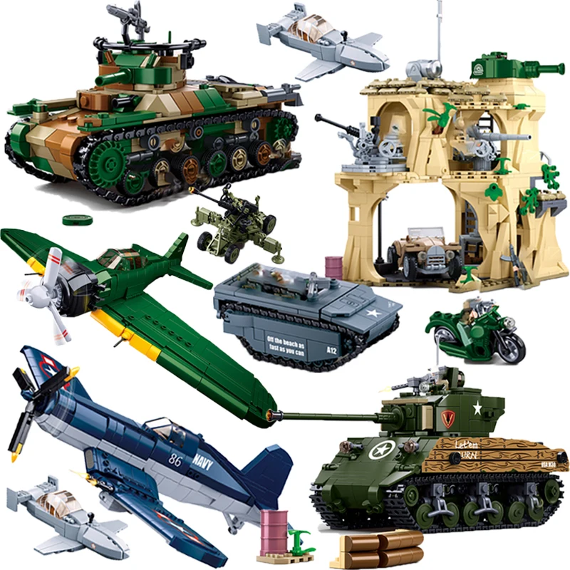 

WW2 Military Building Blocks Soider Figures Toys Children Adults Gifts Iwo Jima Campaign F4U A6M Fighter M4A3 Type 97 Tank