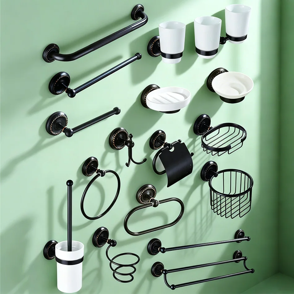 อุปกรณ์ห้องน้ำสีบรอนซ์ดำ ราวจับทองเหลือง ที่แขวนกระดาษชำระ ที่วางแก้วเซรามิก ที่วางสบู่ในห้องอาบน้ำ ชั้นวางไดร์เป่าผม 1