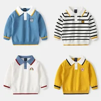 Autumn Toddler Boy Sweater Turn Down Collar Cartoon Embroidery Long Sleeve Baby Boy Pullover Loose Warm Striped Kid Boy Knitwear 1