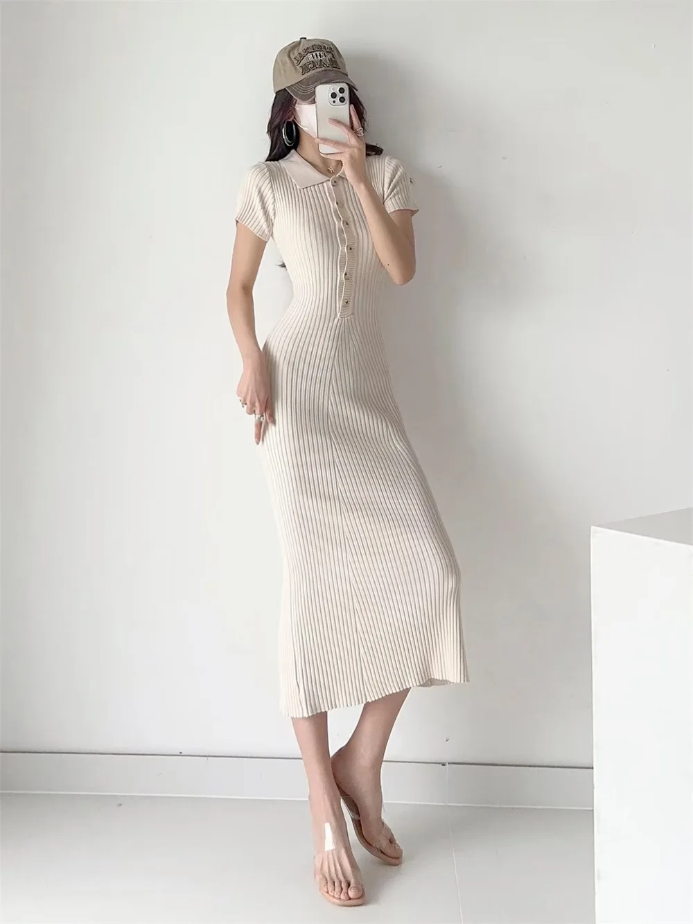 Ribbed High Waist Slim Maxi Dress For Women Knitwear Lapel Casual Elegant Party Dress Gown Fashion Short Sleeve Knit Dress