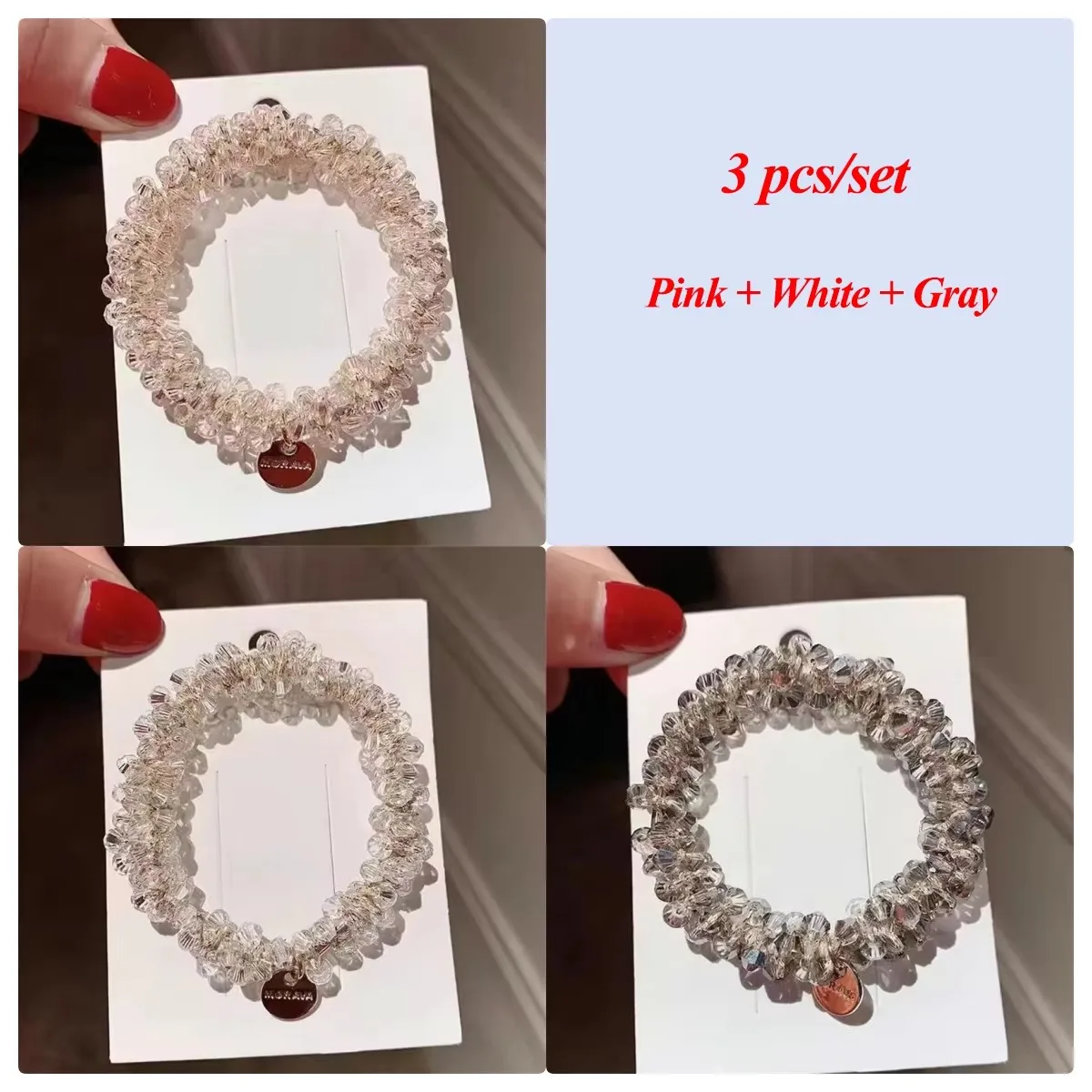 3 teile/satz Kristall Perle Perlen Elastische Bands Scrunchies Haar Zubehör Frauen Pferdeschwanz Halter Kopfbedeckungen – Detail 6