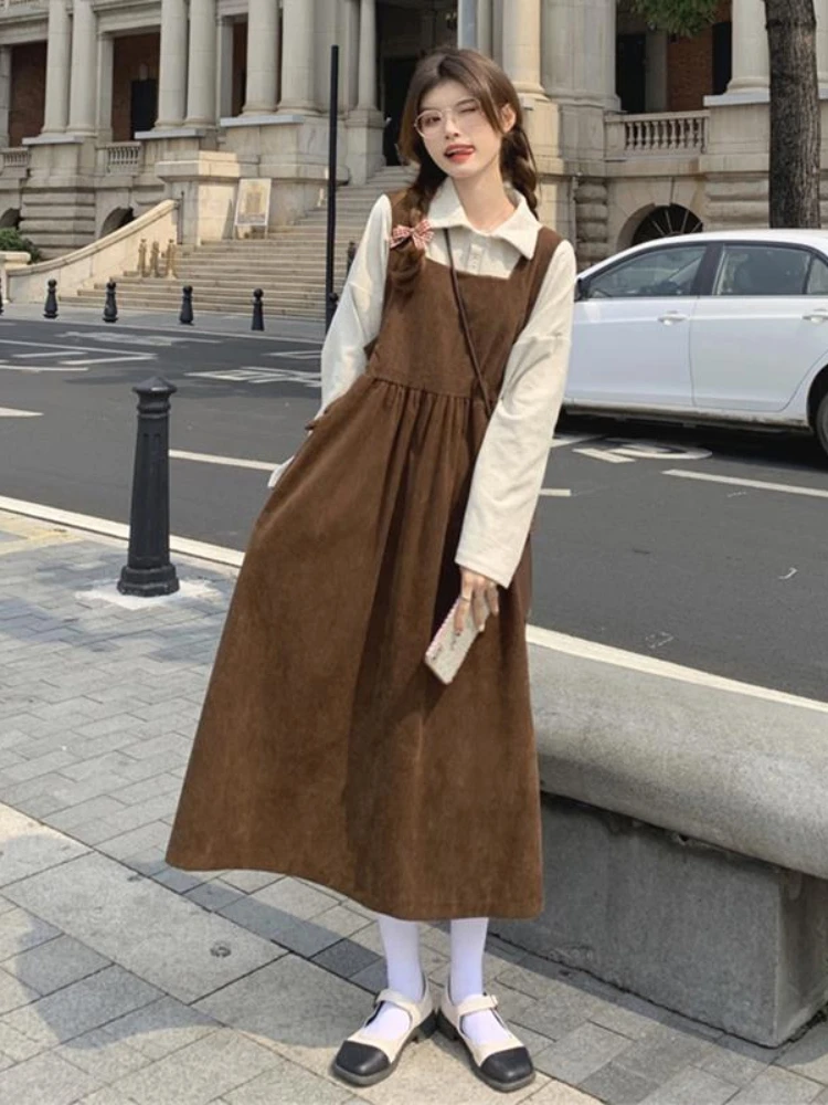 

HOUZHOU Casual Vintage Slip Dress Women Preppy Style Corduroy Elegant Dresses Sleeveless Korean Fashion Loose Female Robe