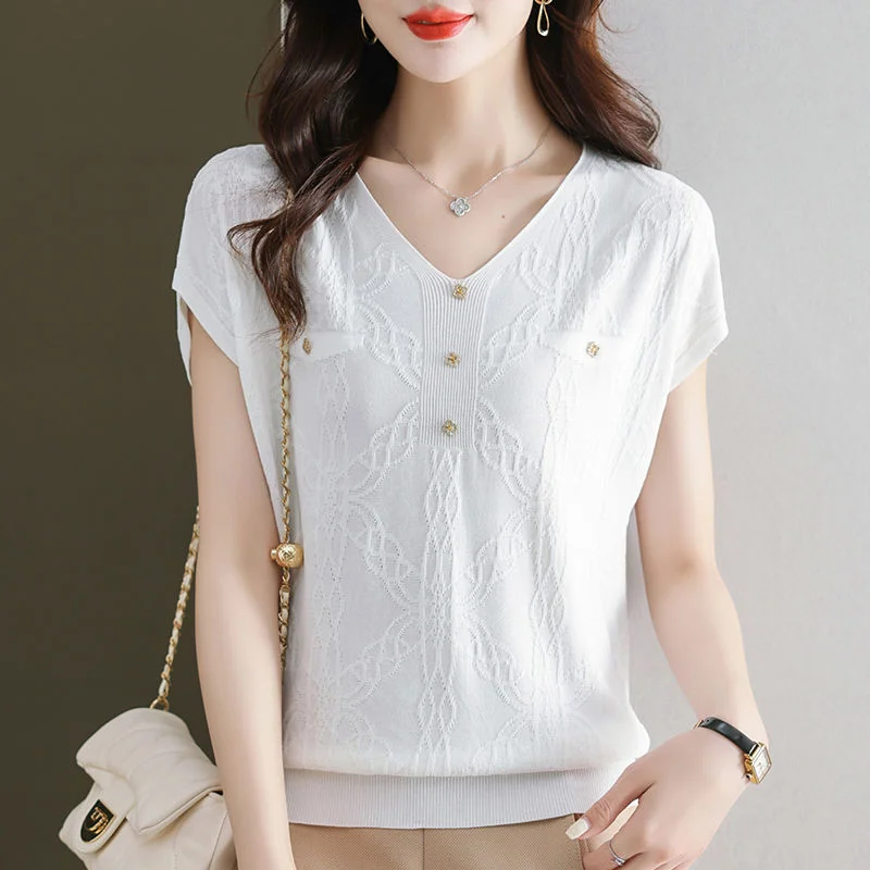 

Women's Summer Korean New V-neck Ice Silk Pullover Fashion Commuting T-shirt Button Splice Casual Versatile Short Sleeve Tops