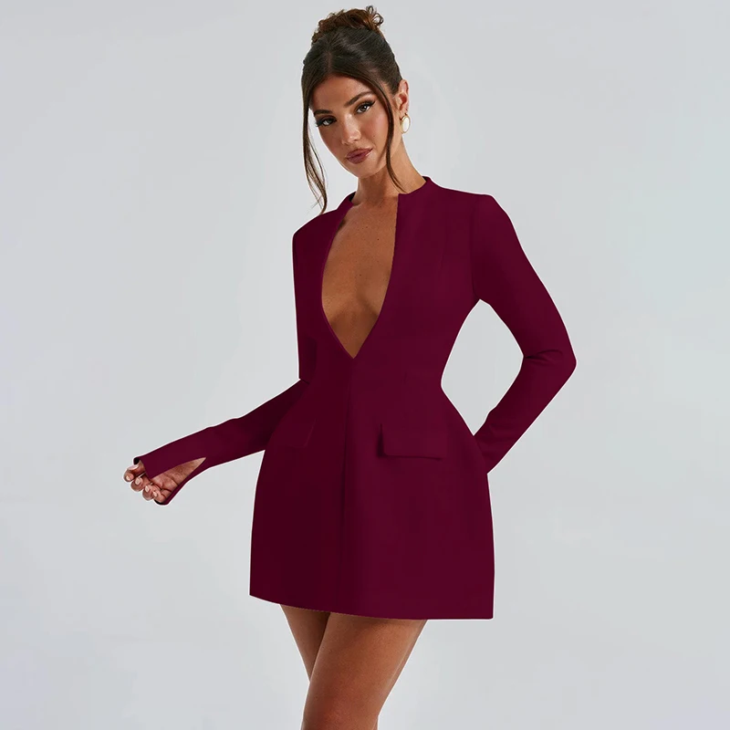 V Neck Long Sleeve Zipper Back A Line Patchwork Mini Solid Women'S Dresses Wholesale Fashion Gown Fashion Winter Clothes