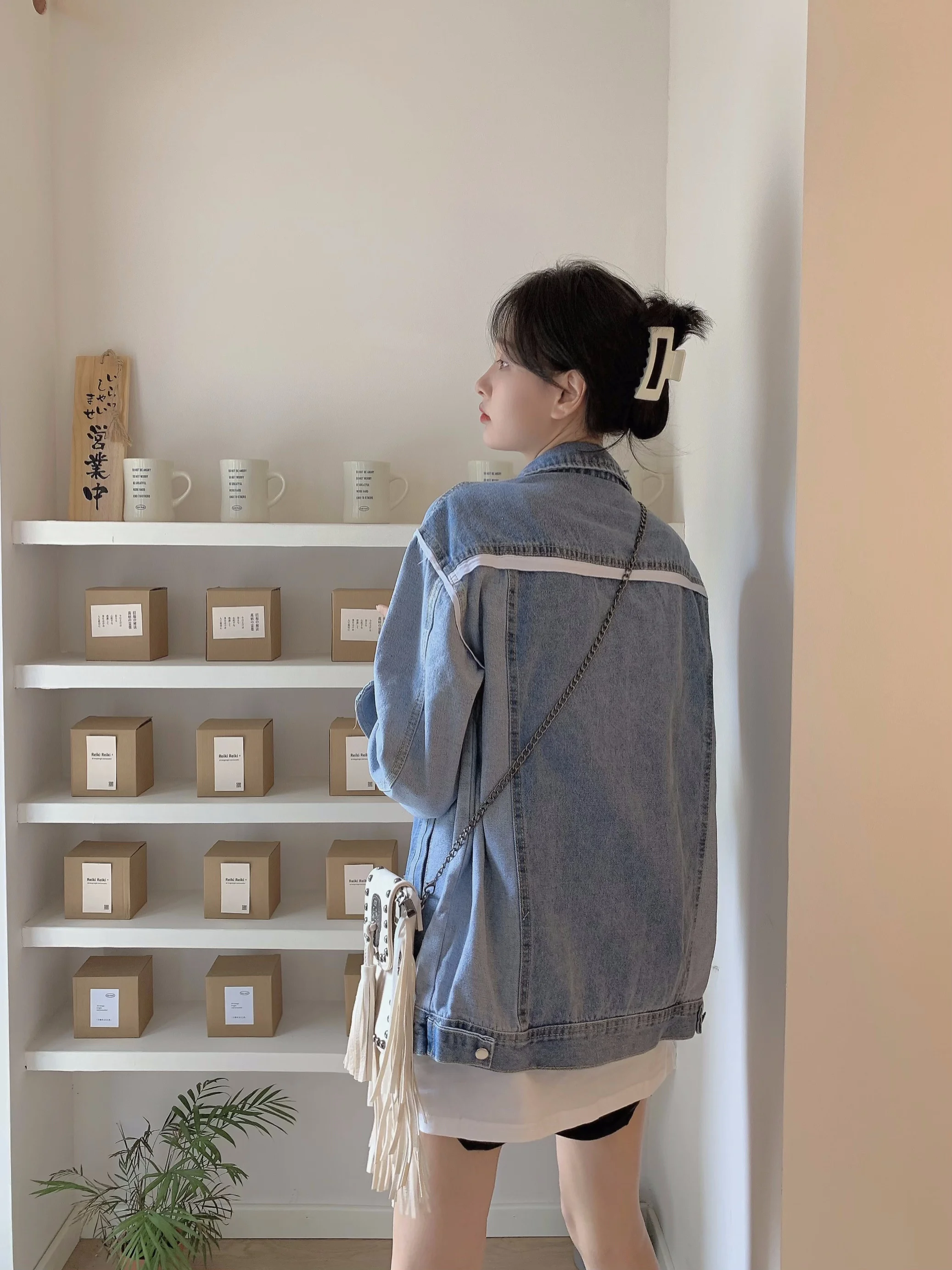 QOERLIN Women Jeans Jacket Long Sleeve Turn-Down Collar Pocket Denim Coat Harajuku Patchwork Coat Outwear Streetwear Harajuku
