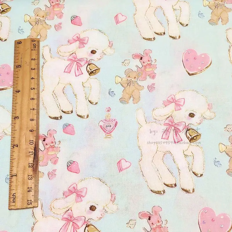 BB49-BTY 1 Yard Cotton Woven Fabric-Kawaii Cartoon Characters, Cute Japanese Showa Animals Little Lamb Mint