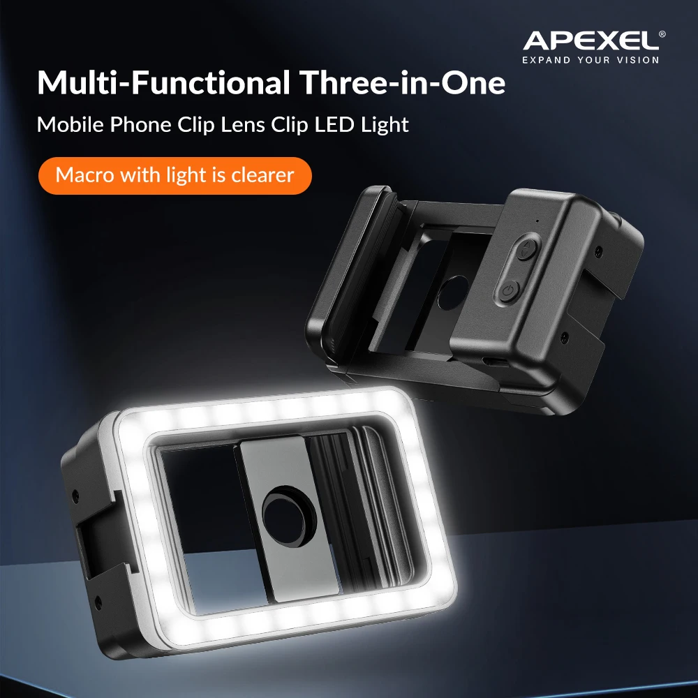 APEXEL 17mm 37mm 나사산 직경 폰 렌즈 어댑터(LED 조명 포함) 아이폰용 일체형 카메라 렌즈 부착물