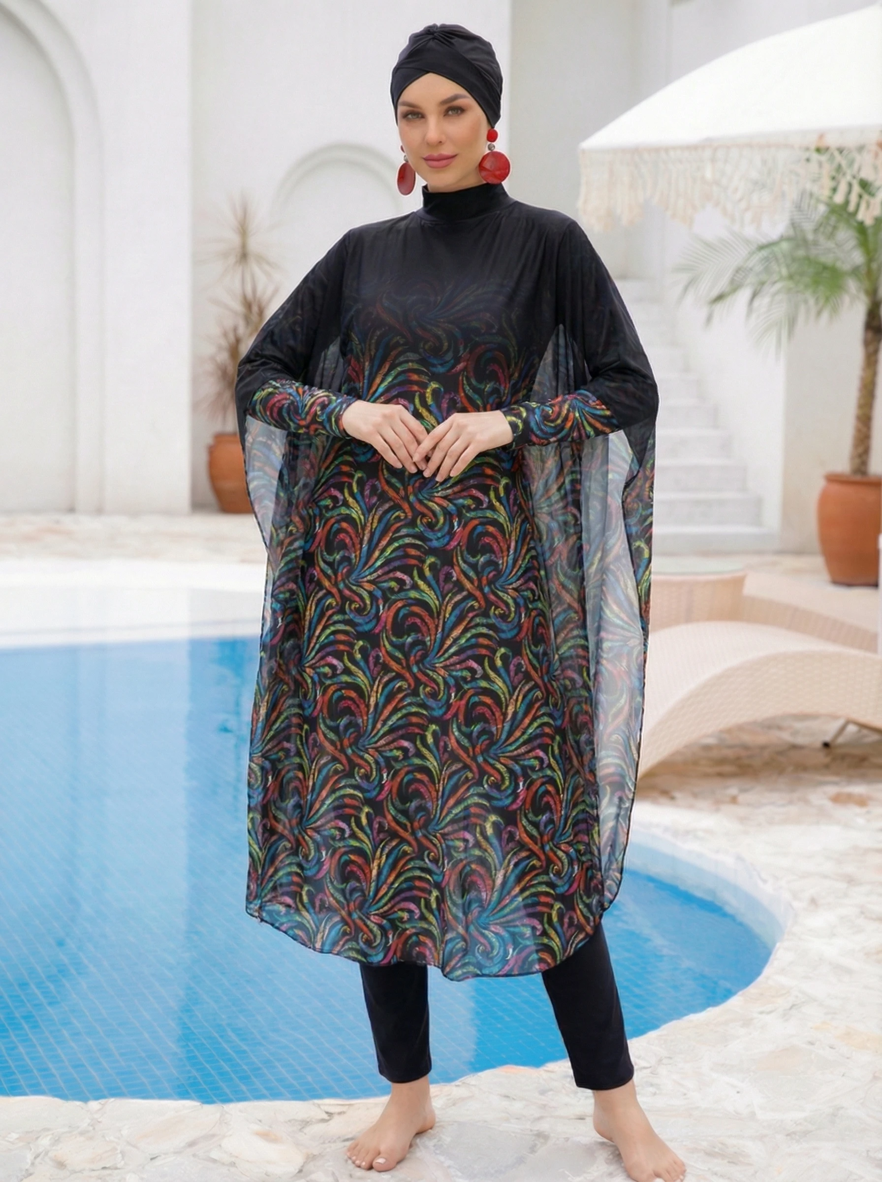 4-teiliges Burkini-Set, langärmlig, vollständig bedeckend, konservativer Badeanzug, Urlaubsstil, figurbetont, Strand-Badeanzug-Set für Damen – Detail 8