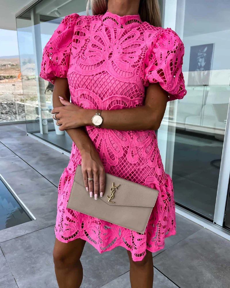 

Women Fashion Casual Short Sleeve Round Neck Mini Dress Solid Color Lace Puff Sleeve Mock Neck Lace Dress