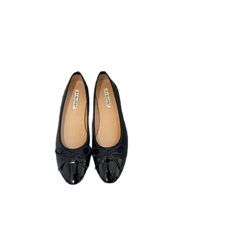 Women Leather Flat Shoes Fashionable Round Toe Casual Ballerina Bow Ballet Shoes Soft Moccasin Black with Beige  Lolita Shoes 6