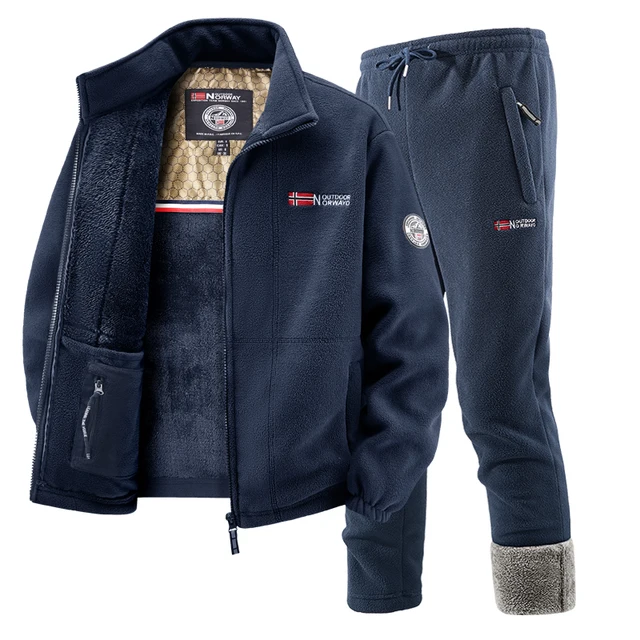 Nouvelle marque hiver ensemble de vêtements de sport hommes rétro formation épais polaire veste + pantalon deux pièces ensemble décontracté Ski course survêtement costume 1